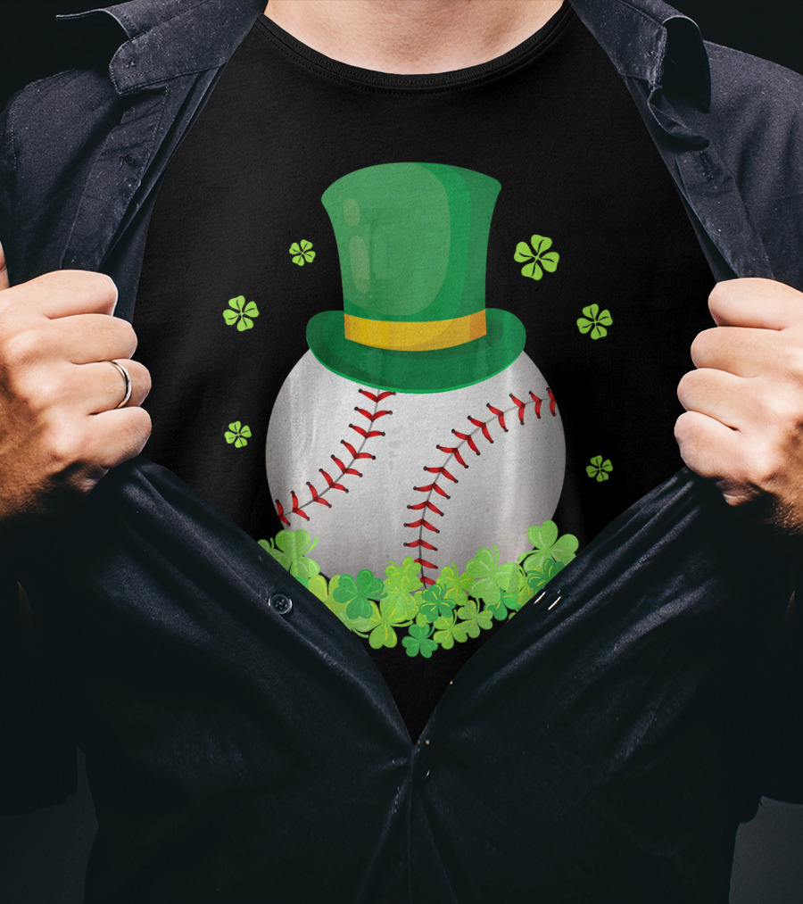 Baseball Leprechaun Hat With Shamrocks And Four-Leaf Clovers T-Shirt