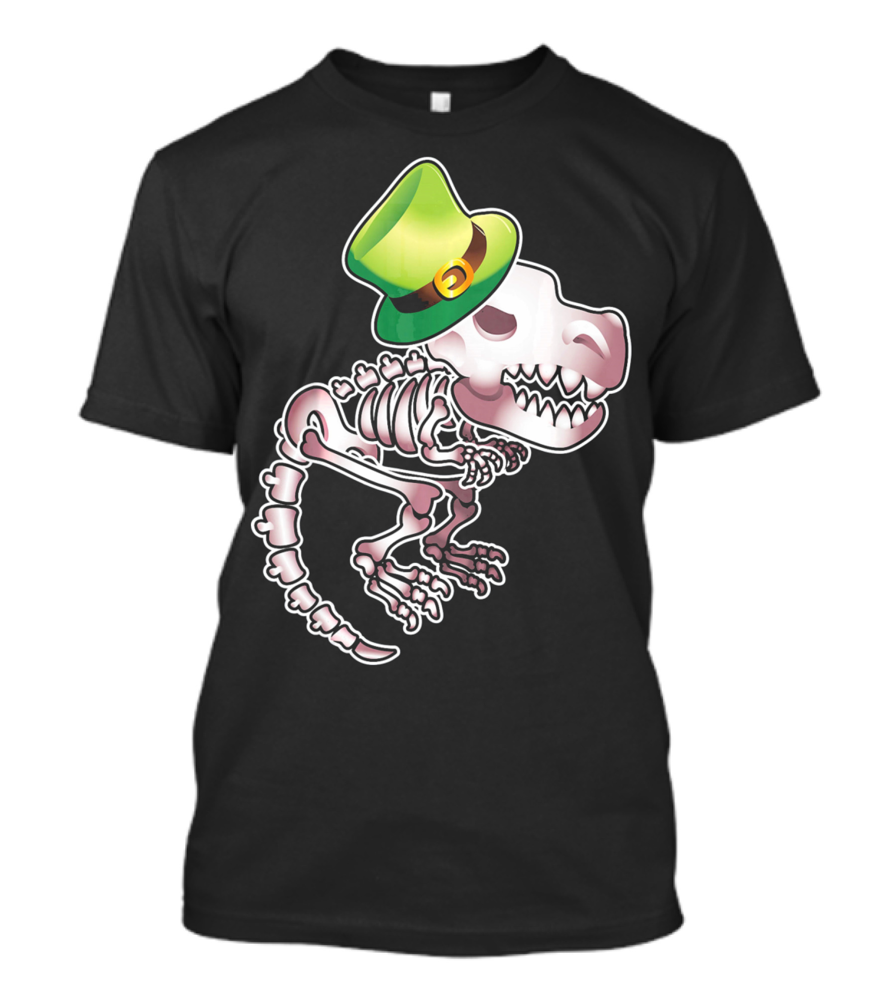 T Rex Dinosaur Skeleton With Green Leprechaun Hat T-Shirt