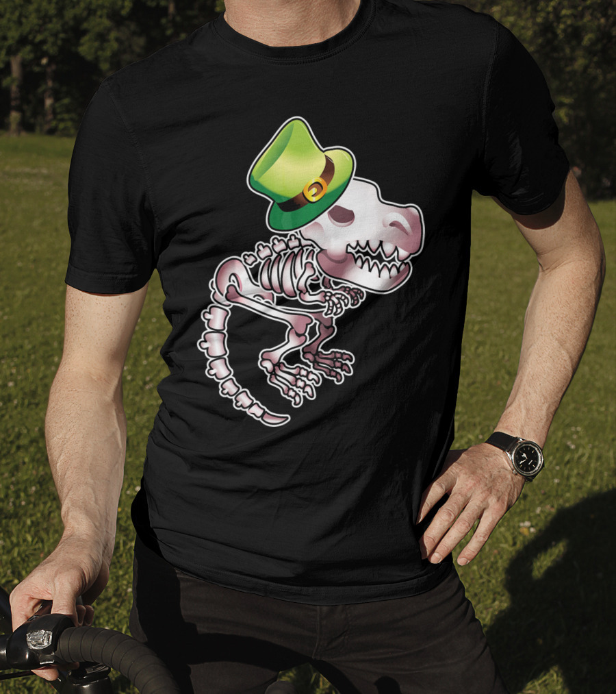 T Rex Dinosaur Skeleton With Green Leprechaun Hat T-Shirt