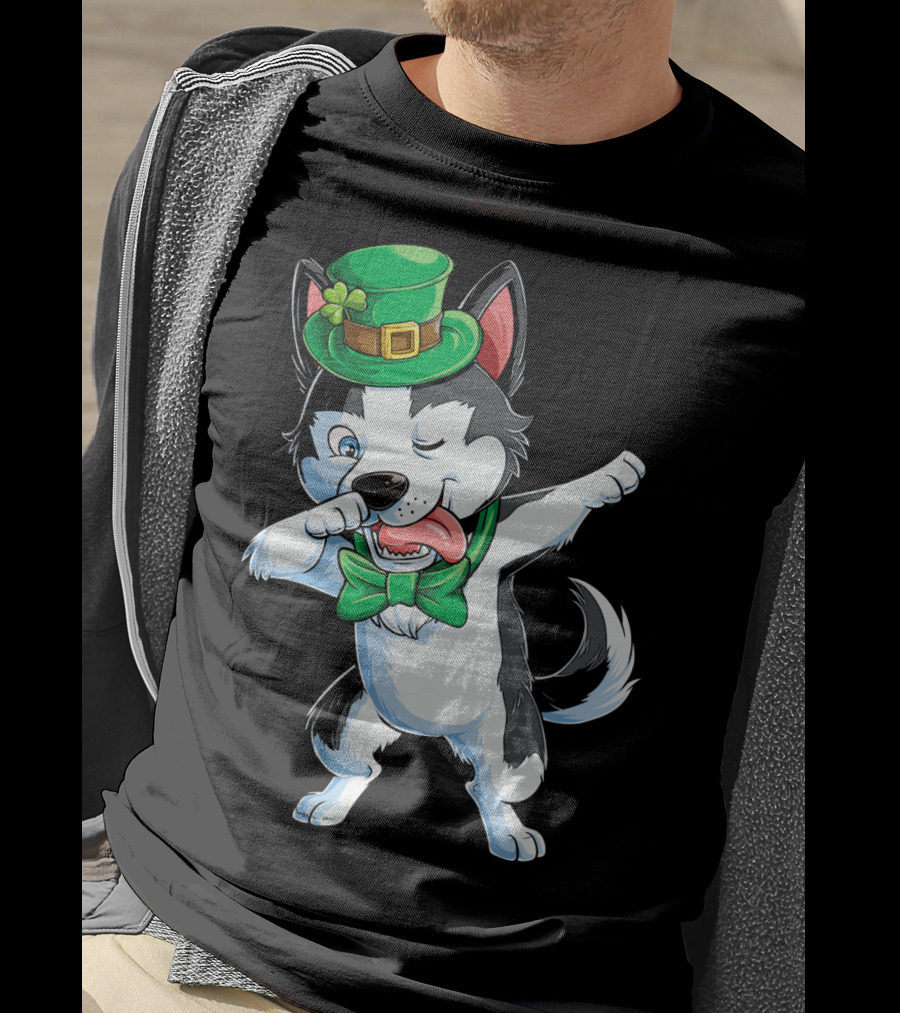Dabbing Siberian Husky St. Patrick’s Day Green Hat Bow Tie T-Shirt