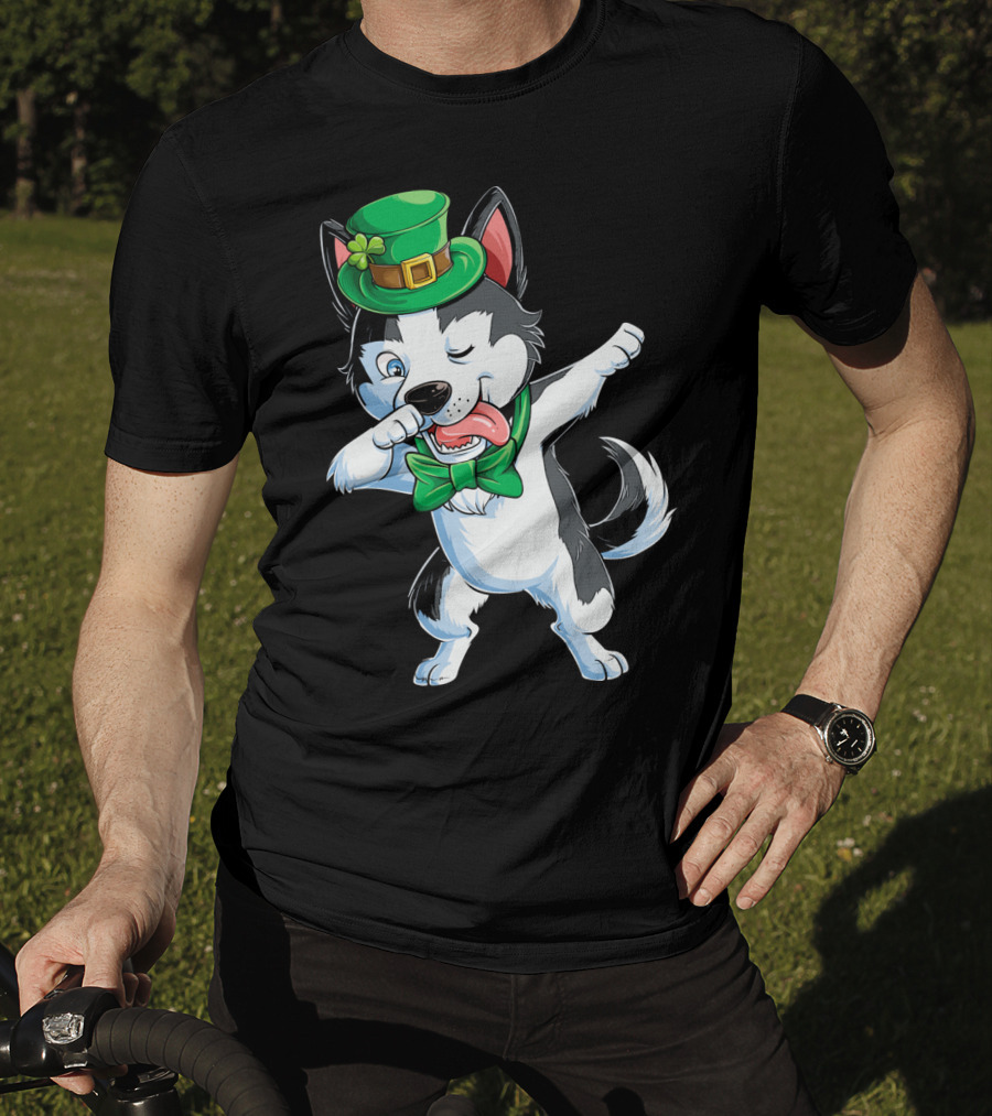 Dabbing Siberian Husky St. Patrick’s Day Green Hat Bow Tie T-Shirt
