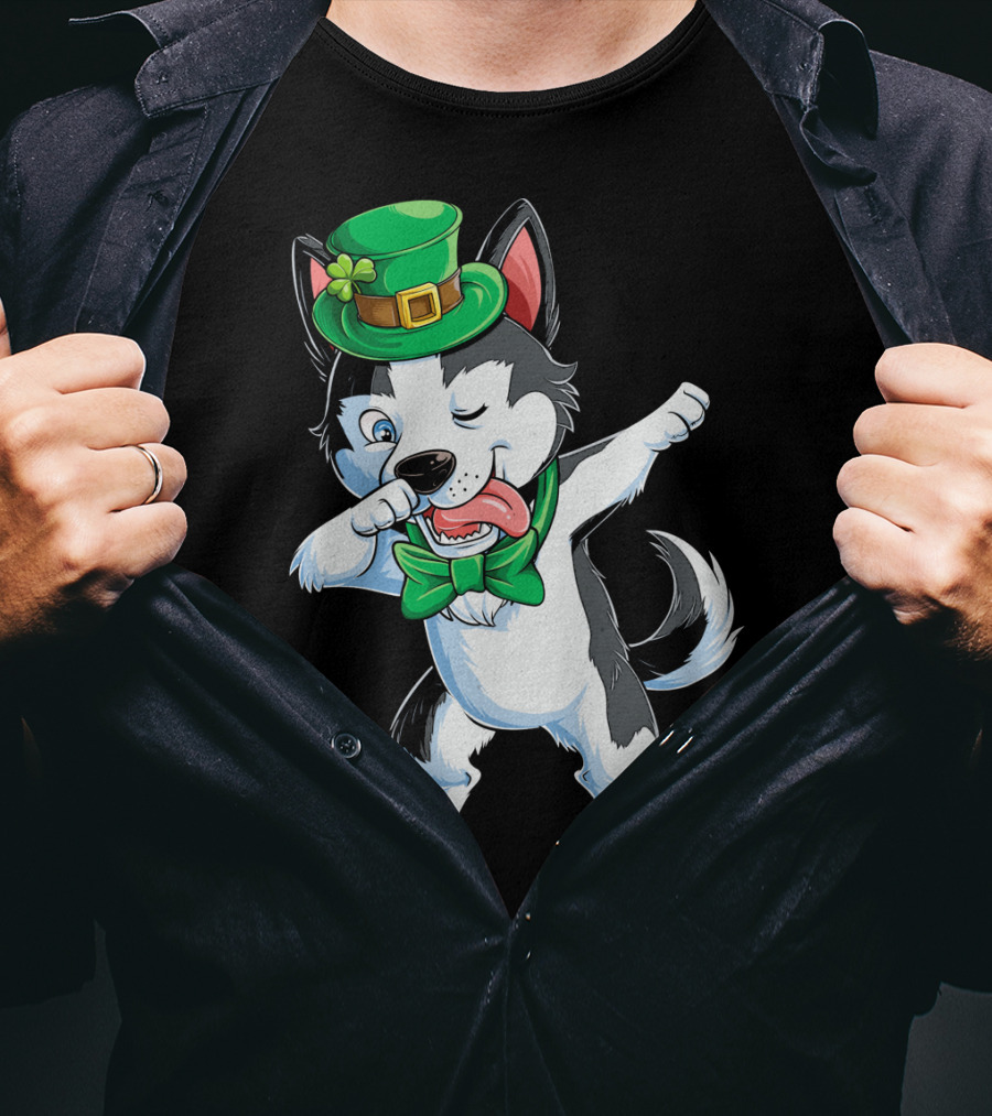 Dabbing Siberian Husky St. Patrick’s Day Green Hat Bow Tie T-Shirt
