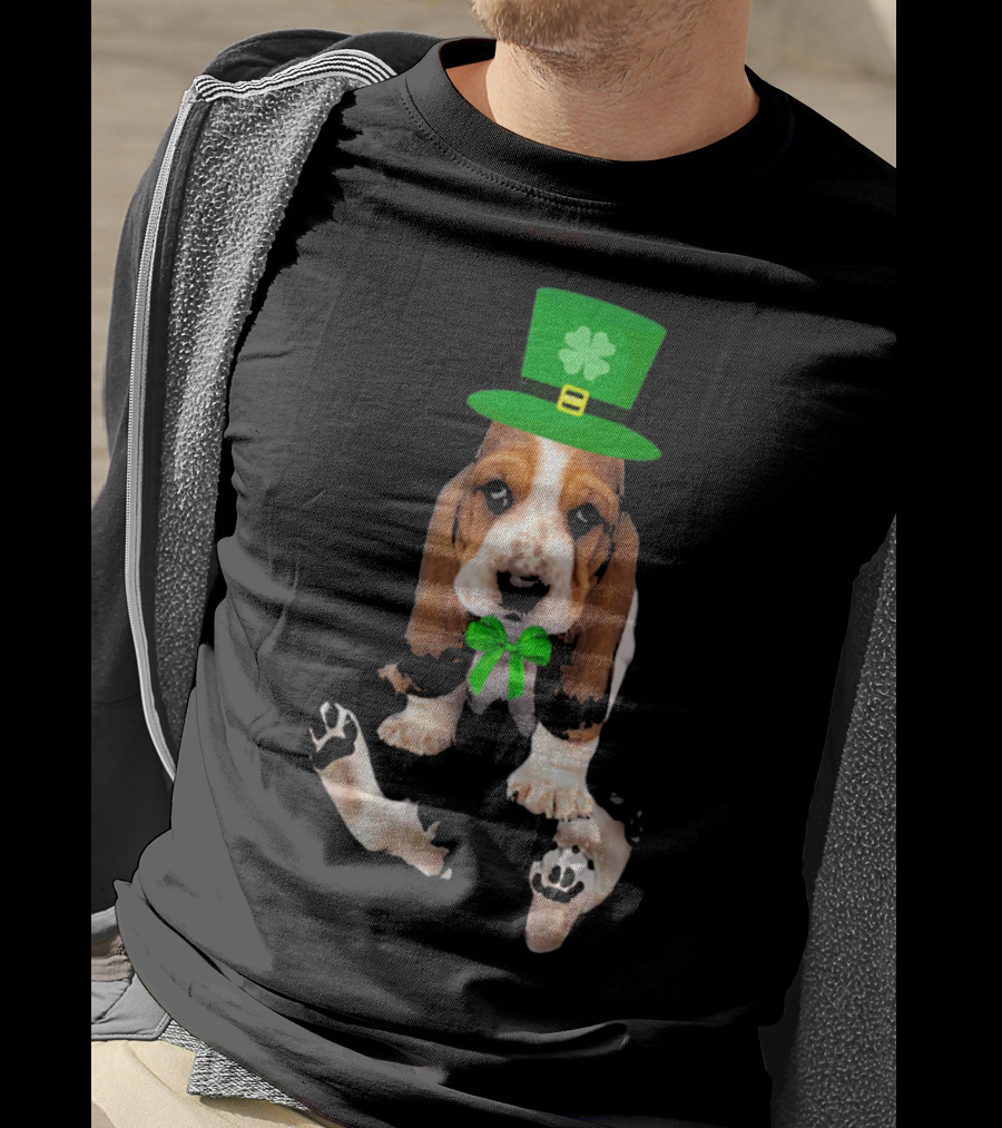 Basset Hound Puppy St. Patrick's Day Leprechaun Hat With Shamrock T-Shirt