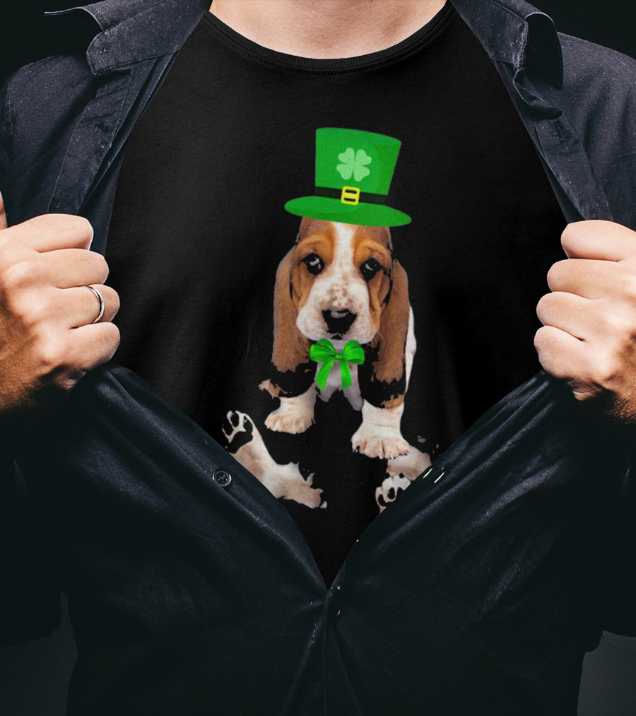 Basset Hound Puppy St. Patrick's Day Leprechaun Hat With Shamrock T-Shirt
