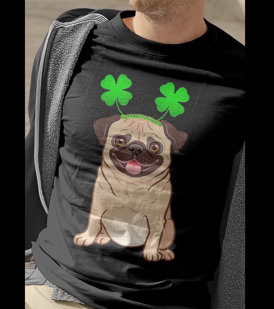 Cute Pug Adorned In Shamrock Headband With Happy Expression T-Shirt
