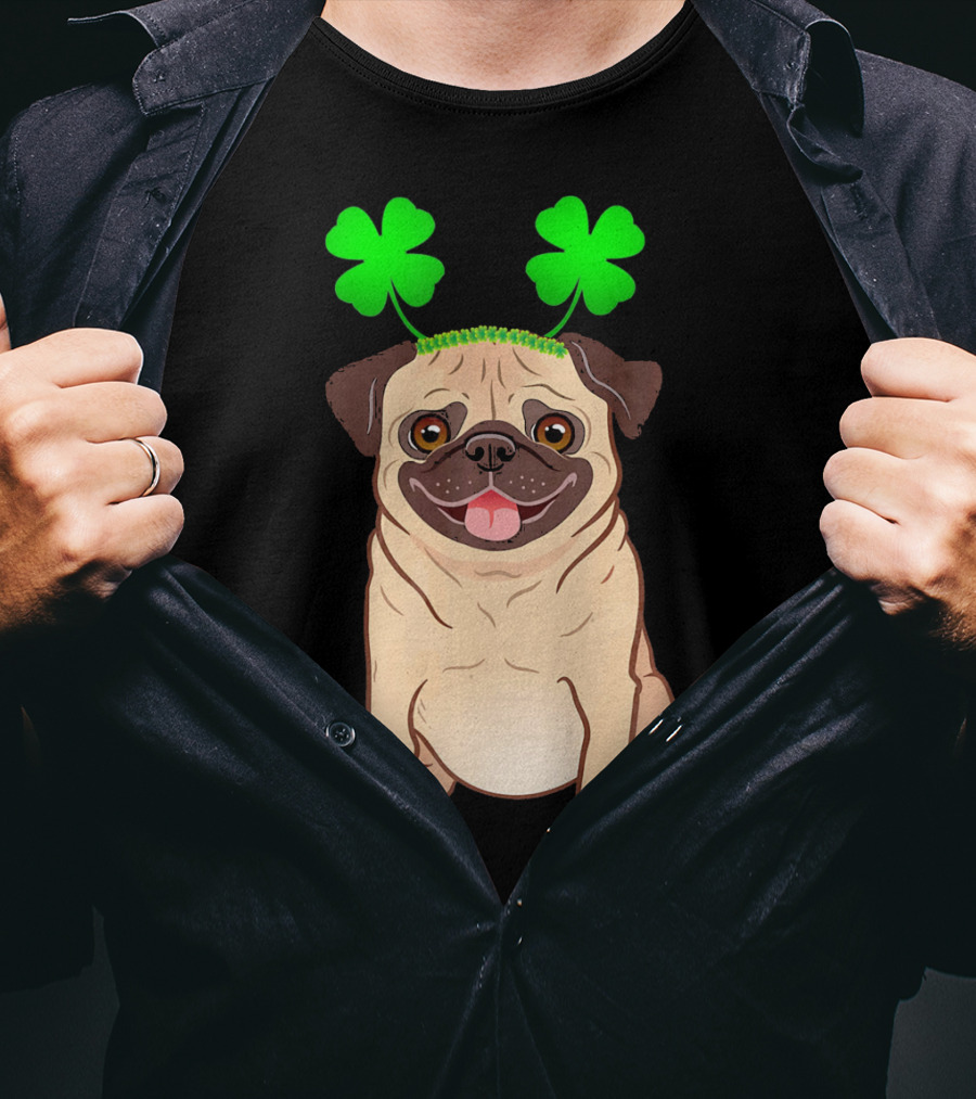 Cute Pug Adorned In Shamrock Headband With Happy Expression T-Shirt