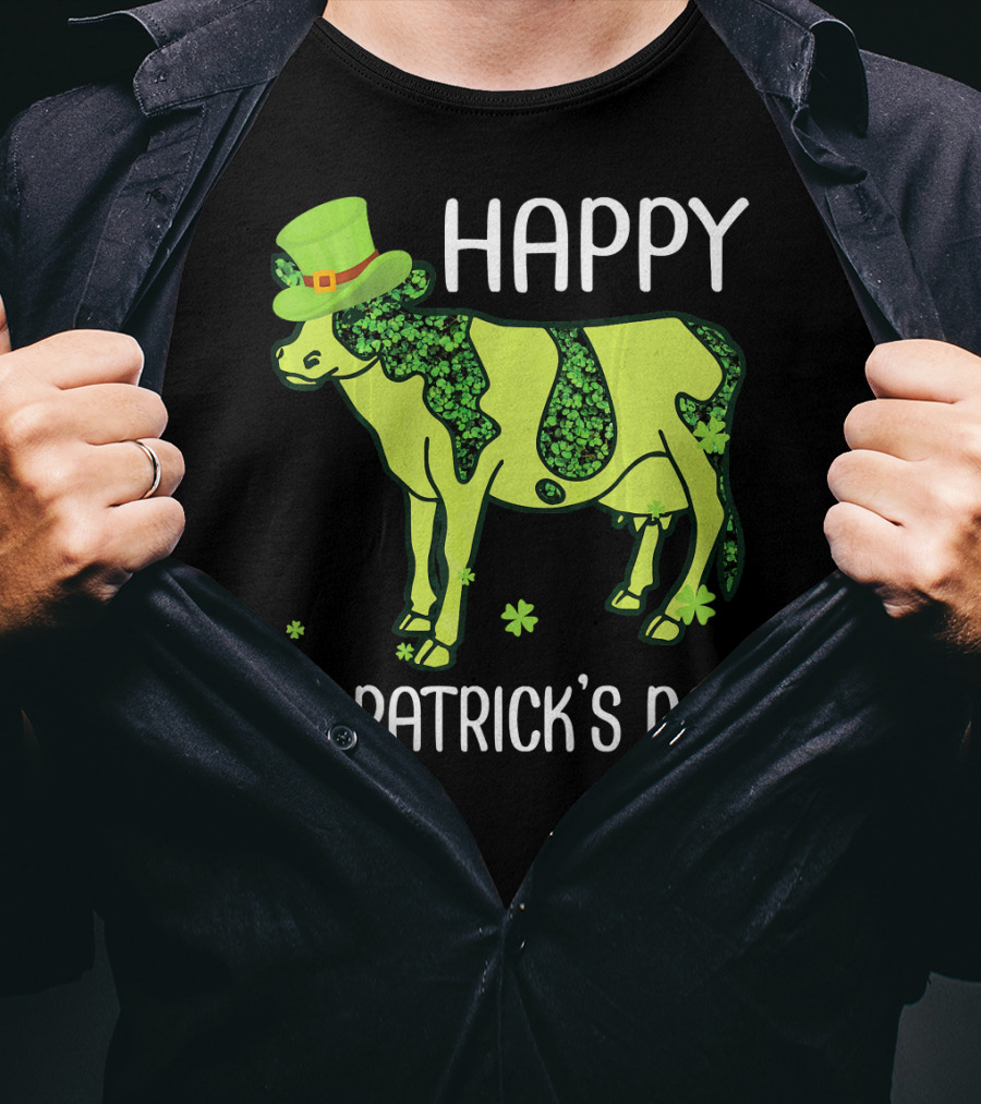 Happy St. Patrick's Day Shamrocks Cow Leprechaun T-Shirt