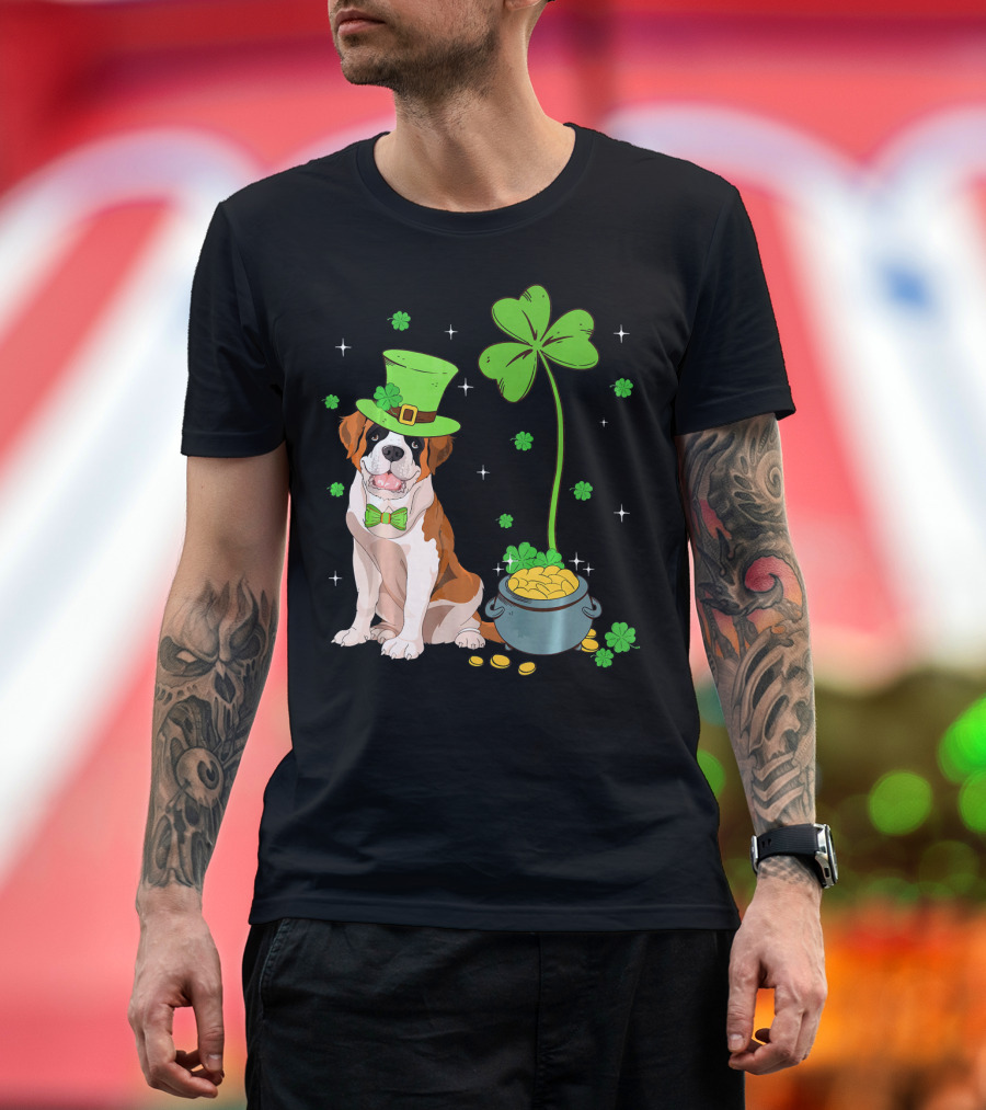 Shamrock Leprechaun Saint Bernard St Patrick's Day Dog Pot of Gold T-Shirt
