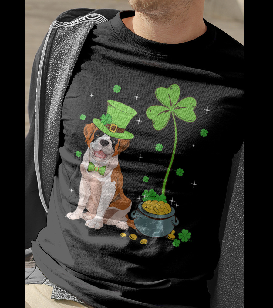 Shamrock Leprechaun Saint Bernard St Patrick's Day Dog Pot Of Gold T-Shirt