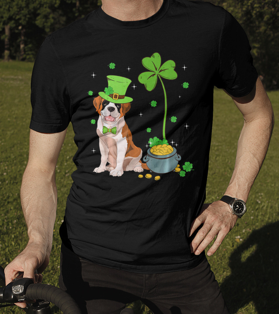 Shamrock Leprechaun Saint Bernard St Patrick's Day Dog Pot Of Gold T-Shirt