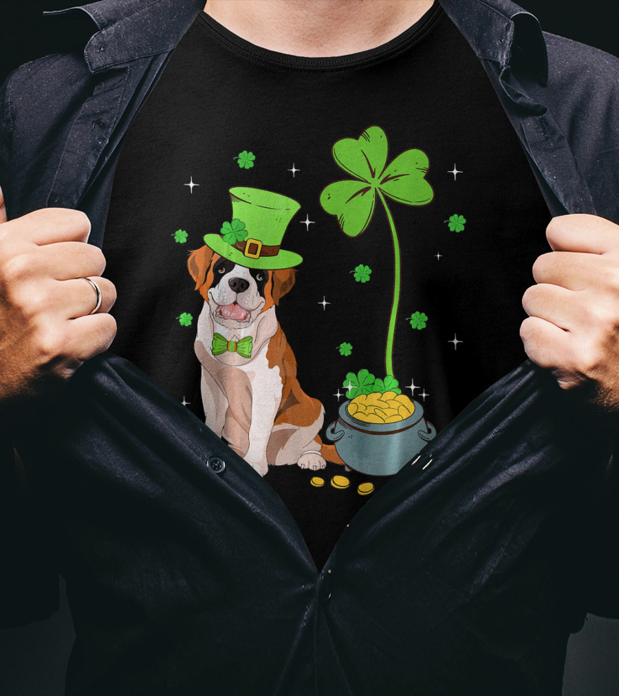 Shamrock Leprechaun Saint Bernard St Patrick's Day Dog Pot Of Gold T-Shirt