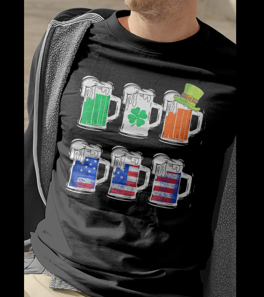 Saint Patricks Irish American Flag Beer Mug With Shamrock And Leprechaun Hat T-Shirt