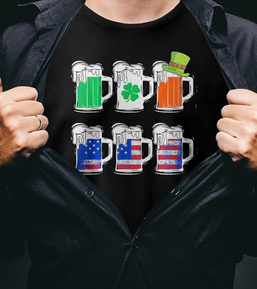 Saint Patricks Irish American Flag Beer Mug With Shamrock And Leprechaun Hat T-Shirt