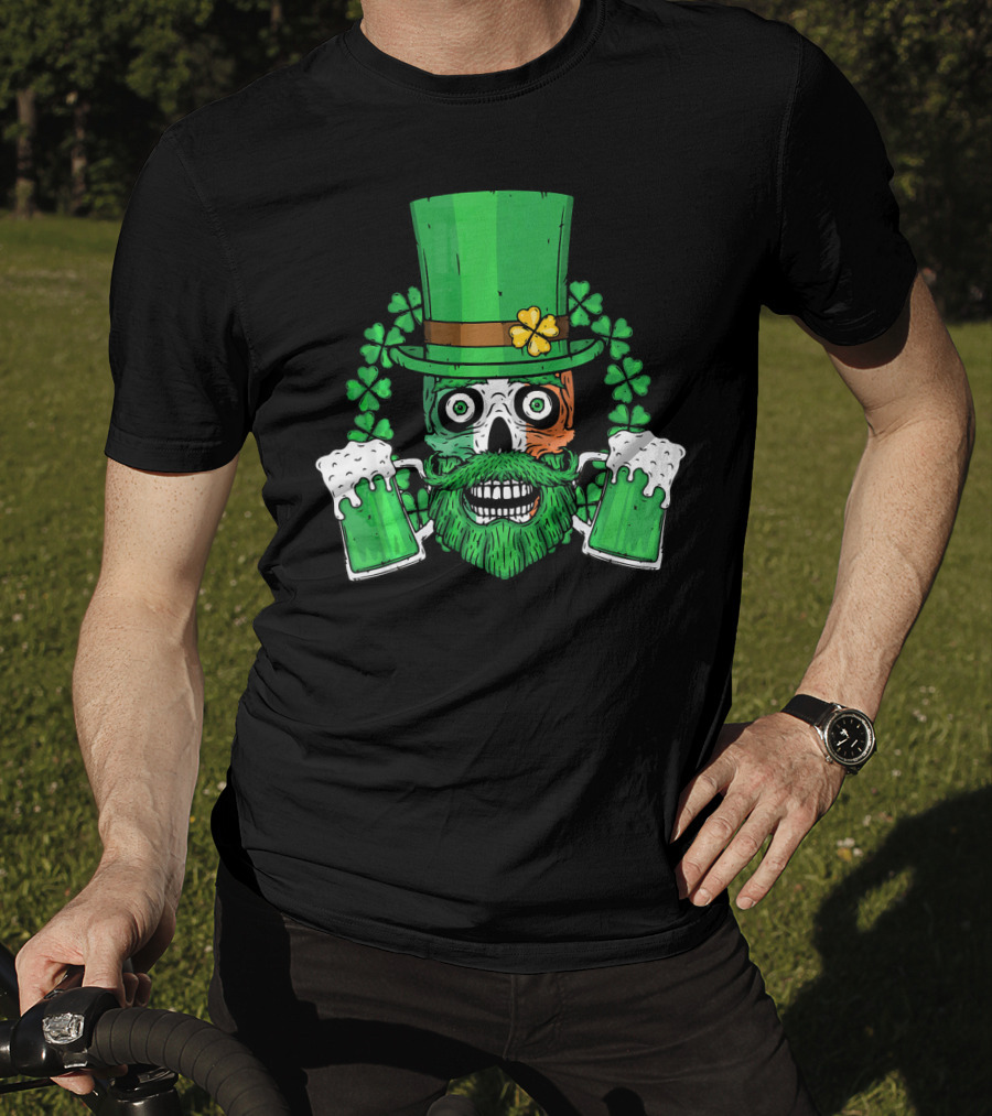 Irish Flag Leprechaun Skull With Shamrock And Beer Mugs T-Shirt