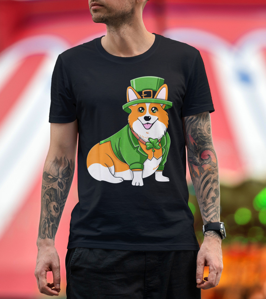 St Patricks Day Corgi Irish Dog in Leprechaun Hat and Green Suit T-Shirt