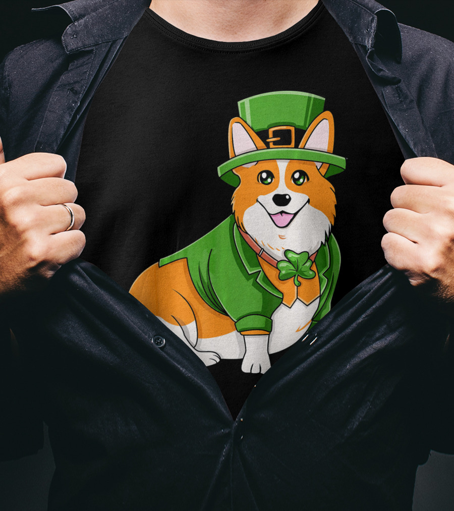 St Patricks Day Corgi Irish Dog In Leprechaun Hat And Green Suit T-Shirt