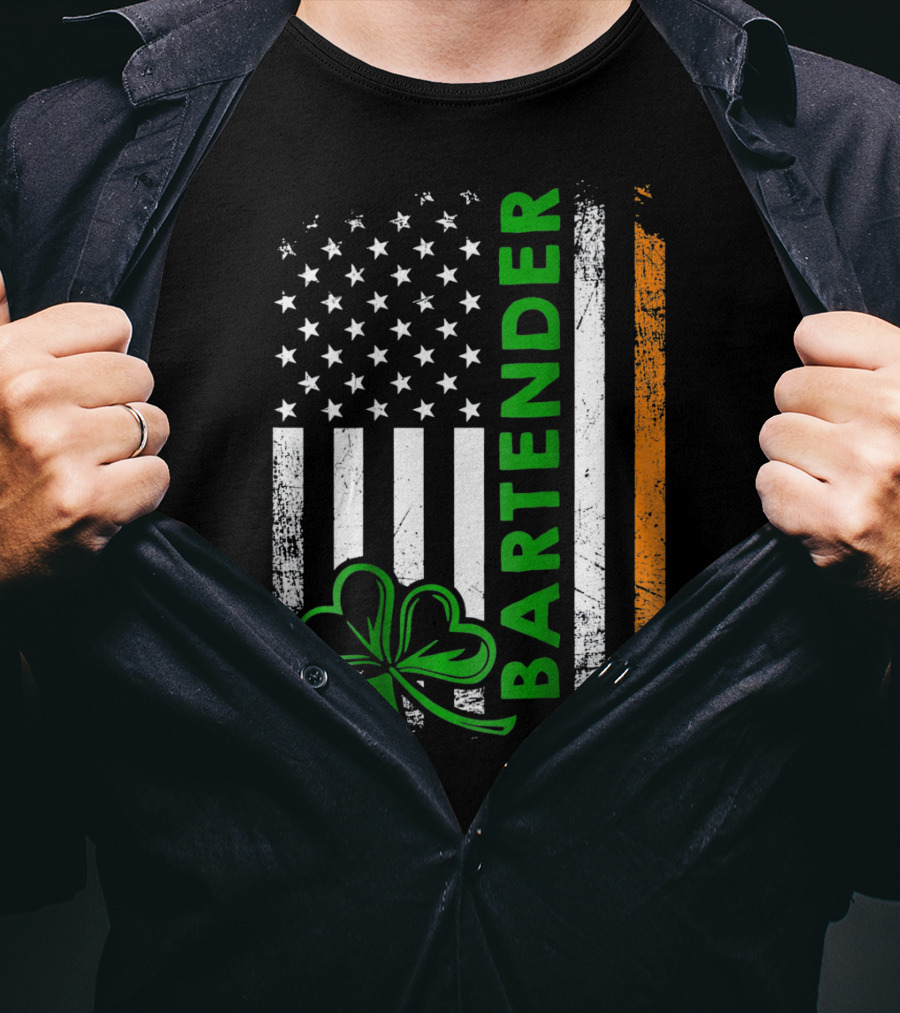 Irish Bartender American Flag Shamrock T-Shirt