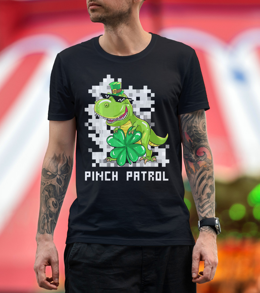 St Patrick Day Dinosaur Pinch Patrol Pixelated Clover and Hat T-Shirt