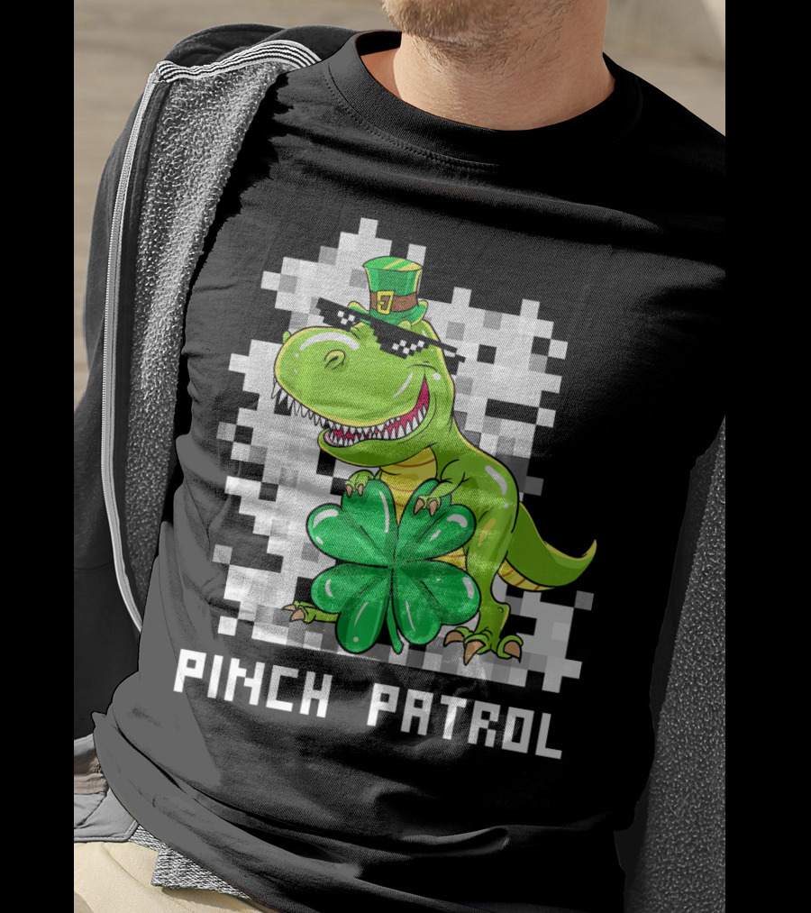 St Patrick Day Dinosaur Pinch Patrol Pixelated Clover And Hat T-Shirt