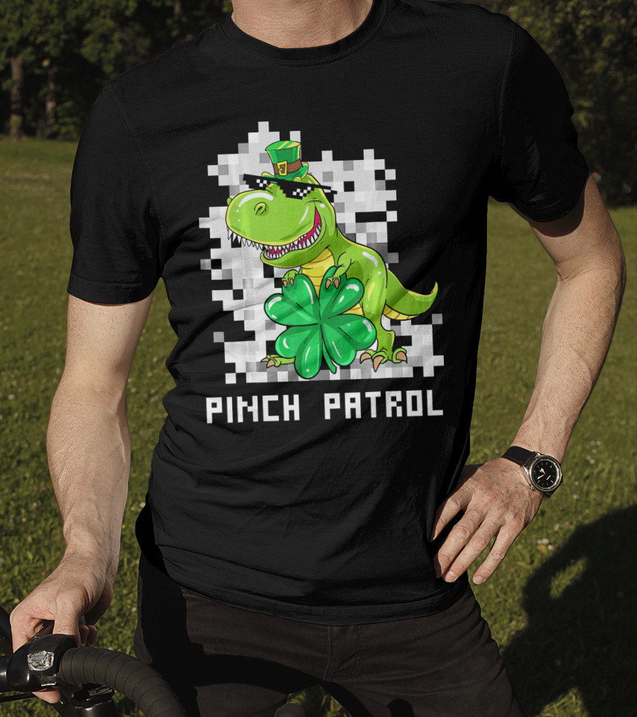 St Patrick Day Dinosaur Pinch Patrol Pixelated Clover And Hat T-Shirt