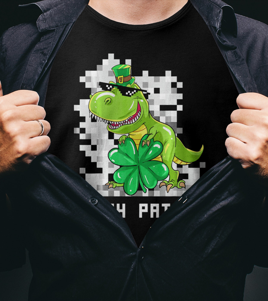 St Patrick Day Dinosaur Pinch Patrol Pixelated Clover And Hat T-Shirt