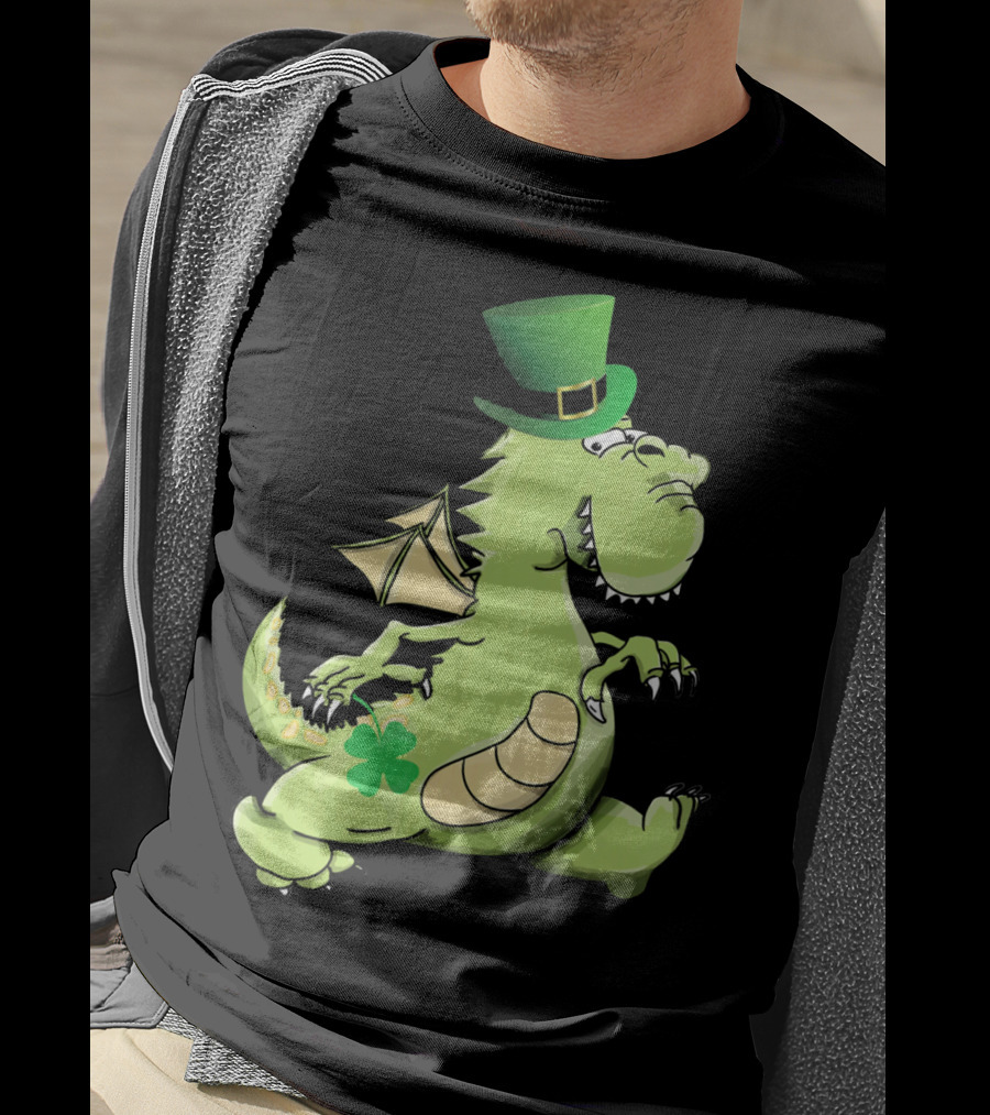 St Patrick's Day Dragon Wearing Leprechaun Hat With Shamrock T-Shirt