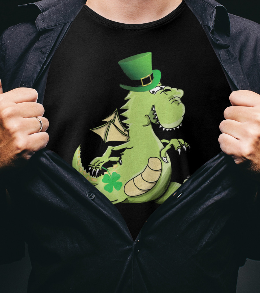 St Patrick's Day Dragon Wearing Leprechaun Hat With Shamrock T-Shirt
