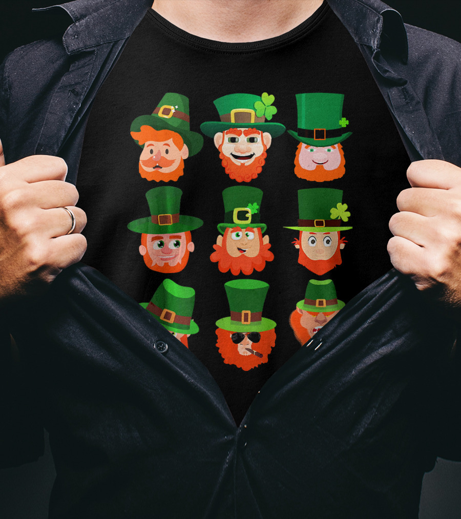 Funny Leprechaun Emotion Feeling Faces With Green Hats And Red Beards T-Shirt