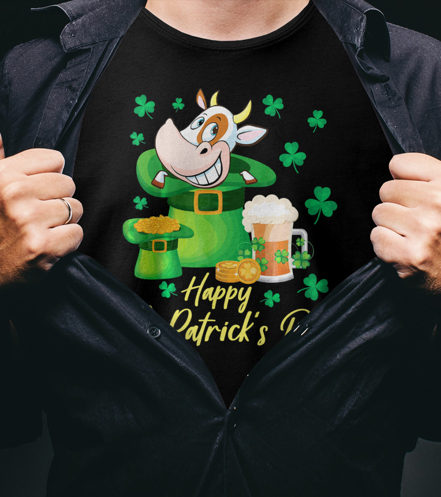 Happy St. Patrick's Day Cow Dancing In Leprechaun Hat With Gold Coins And Beer T-Shirt
