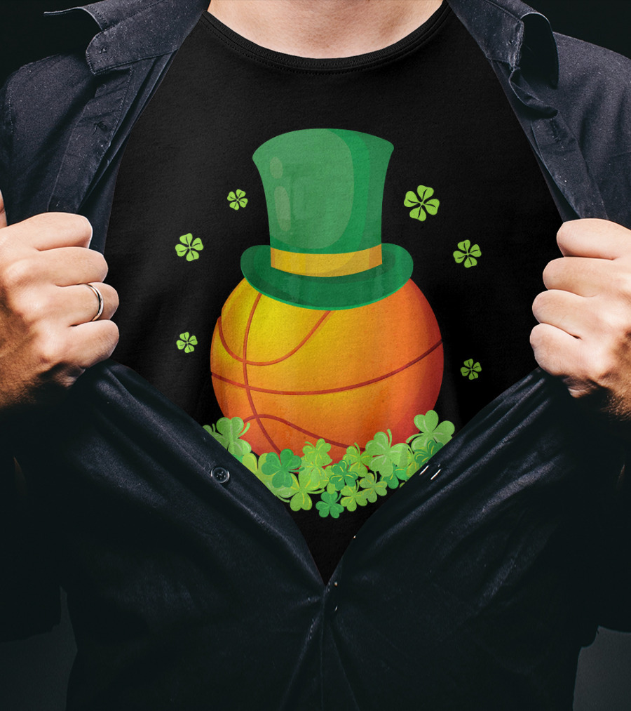 Basketball With Leprechaun Hat And Shamrocks Playing Around T-Shirt