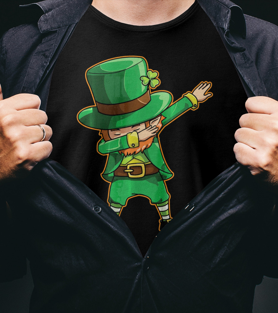 Funny Leprechaun Dabbing Dance Icon In Green Outfit And Hat T-Shirt