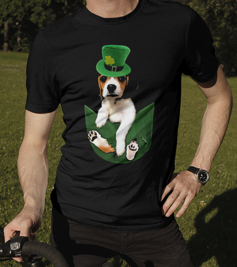 Beagle In Green Pocket With St Patrick's Hat And Shamrock T-Shirt