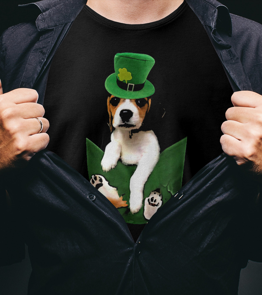 Beagle In Green Pocket With St Patrick's Hat And Shamrock T-Shirt