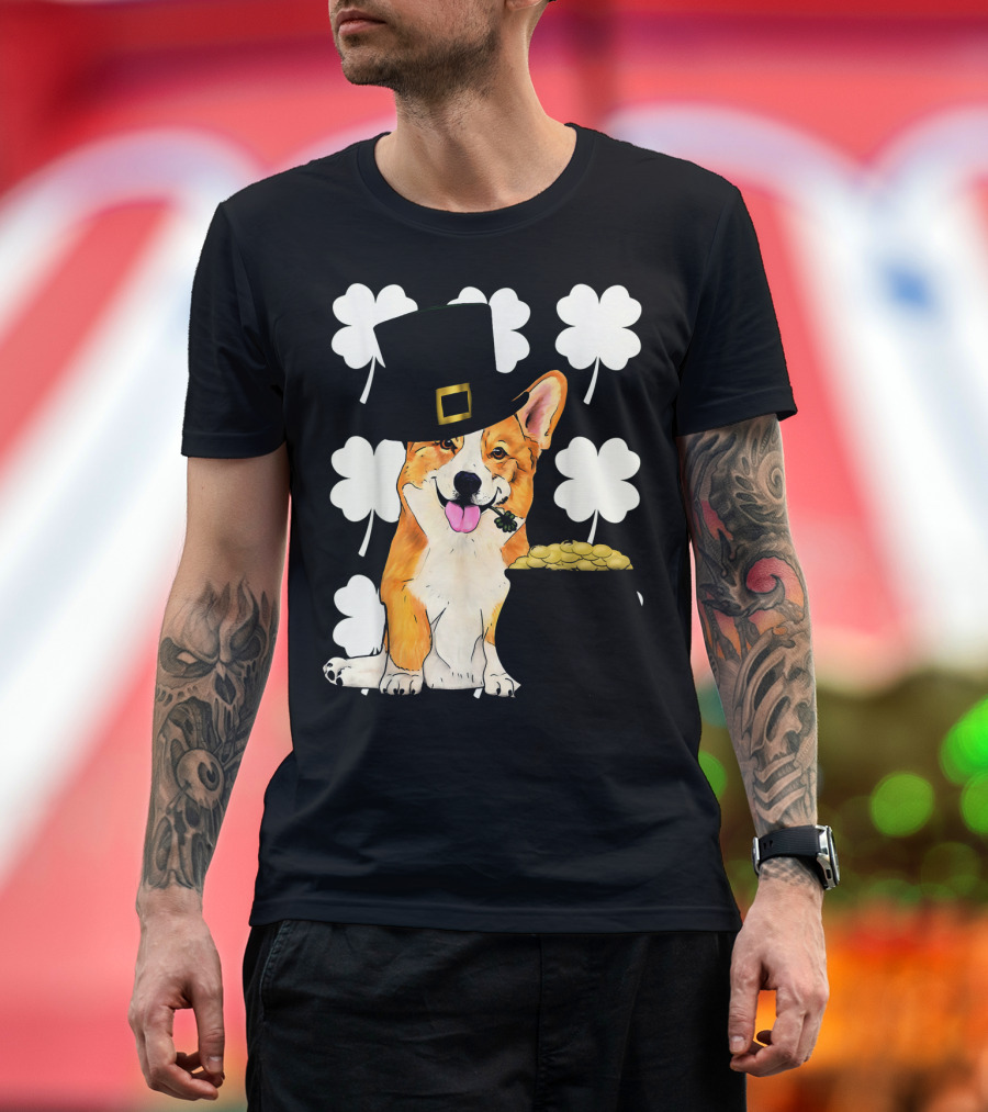 Irish Corgi St. Patricks Day Clover Leprechaun Hat and Pot of Gold T-Shirt
