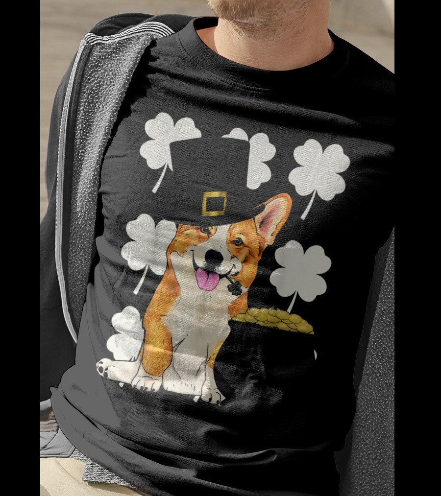 Irish Corgi St. Patricks Day Clover Leprechaun Hat And Pot Of Gold T-Shirt