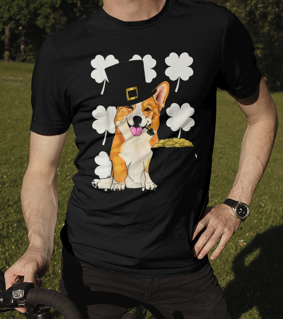 Irish Corgi St. Patricks Day Clover Leprechaun Hat And Pot Of Gold T-Shirt