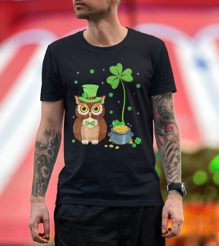 Shamrock Leprechaun Owl Pot of Gold T-Shirt
