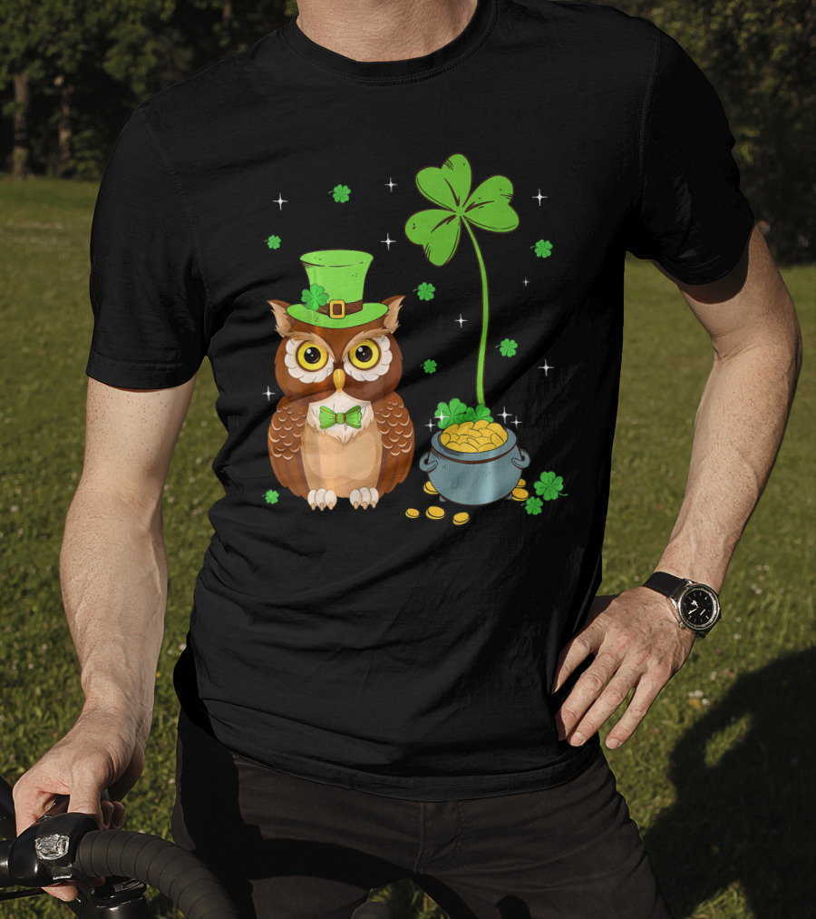 Shamrock Leprechaun Owl Pot Of Gold T-Shirt