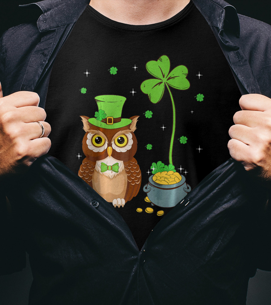 Shamrock Leprechaun Owl Pot Of Gold T-Shirt