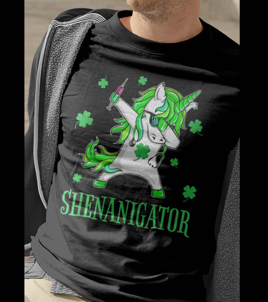 Unicorn Dabbing Shenanigator With Shamrocks And Syringe T-Shirt