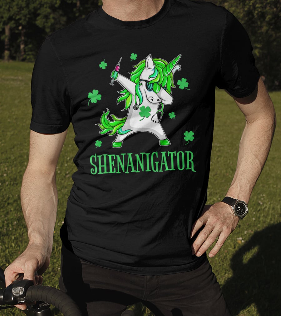 Unicorn Dabbing Shenanigator With Shamrocks And Syringe T-Shirt