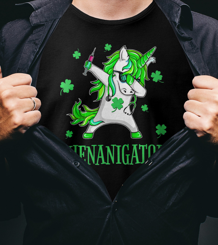 Unicorn Dabbing Shenanigator With Shamrocks And Syringe T-Shirt