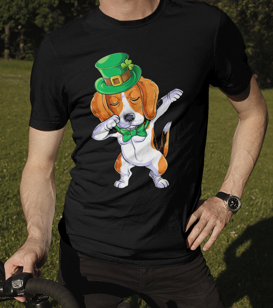 Dabbing Beagle St Patricks Day Boys Leprechaun Hat Bow Tie Shamrock T-Shirt