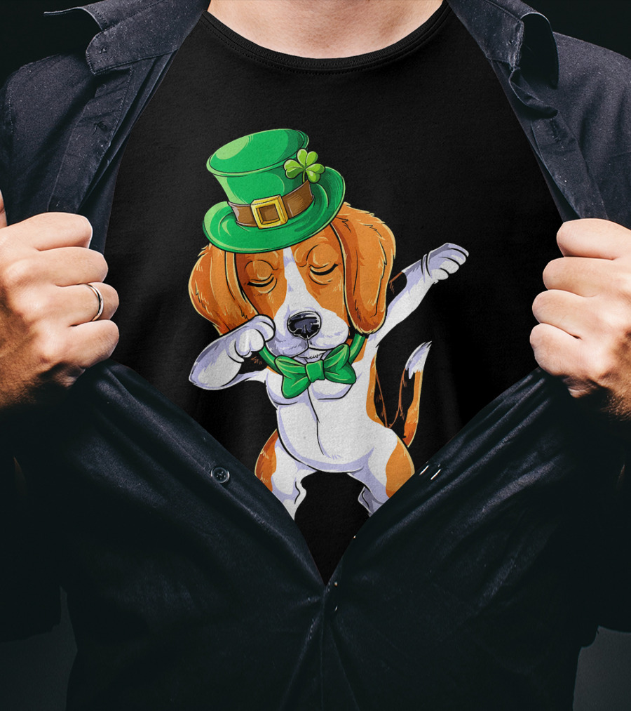 Dabbing Beagle St Patricks Day Boys Leprechaun Hat Bow Tie Shamrock T-Shirt