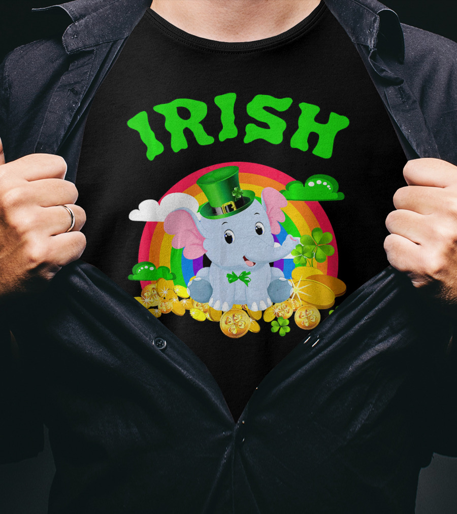 Irish Elephant St Patricks Day Rainbow Coins Clover T-Shirt