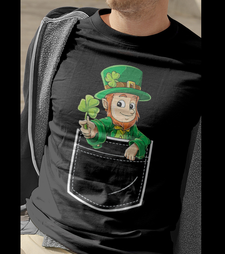 Leprechaun Holding Shamrock In Pocket For St Patricks Day T-Shirt