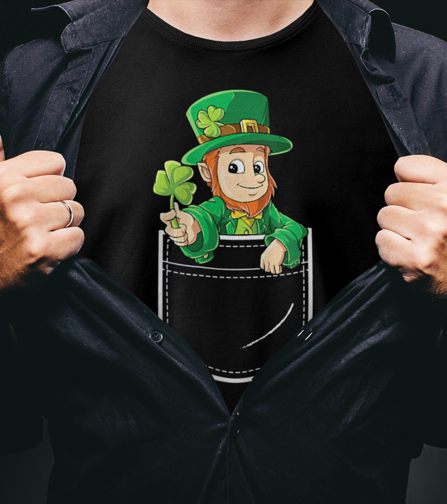 Leprechaun Holding Shamrock In Pocket For St Patricks Day T-Shirt
