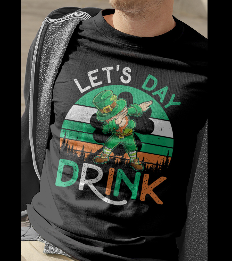 Let's Day Drink Leprechaun Dabbing Shamrock Ireland Flag T-Shirt