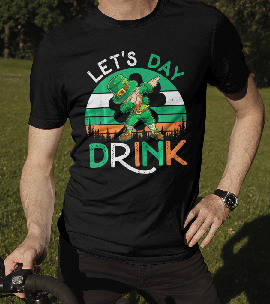 Let's Day Drink Leprechaun Dabbing Shamrock Ireland Flag T-Shirt