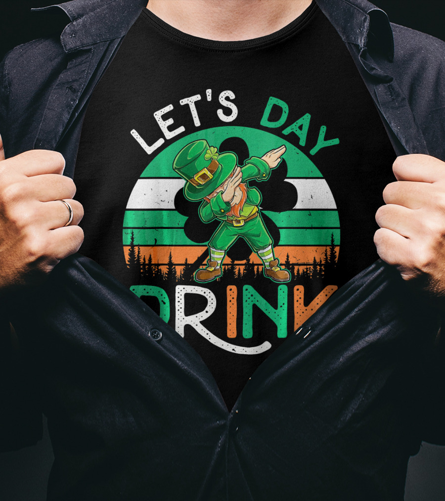 Let's Day Drink Leprechaun Dabbing Shamrock Ireland Flag T-Shirt
